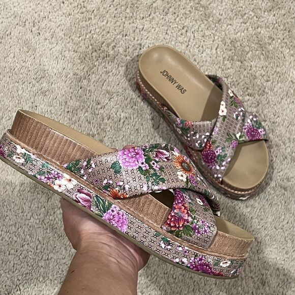 Johnny Was Size 7 Jenna Cross Cross Sandal Leather Slip Ons Slides Floral Boho - Picture 6 of 10